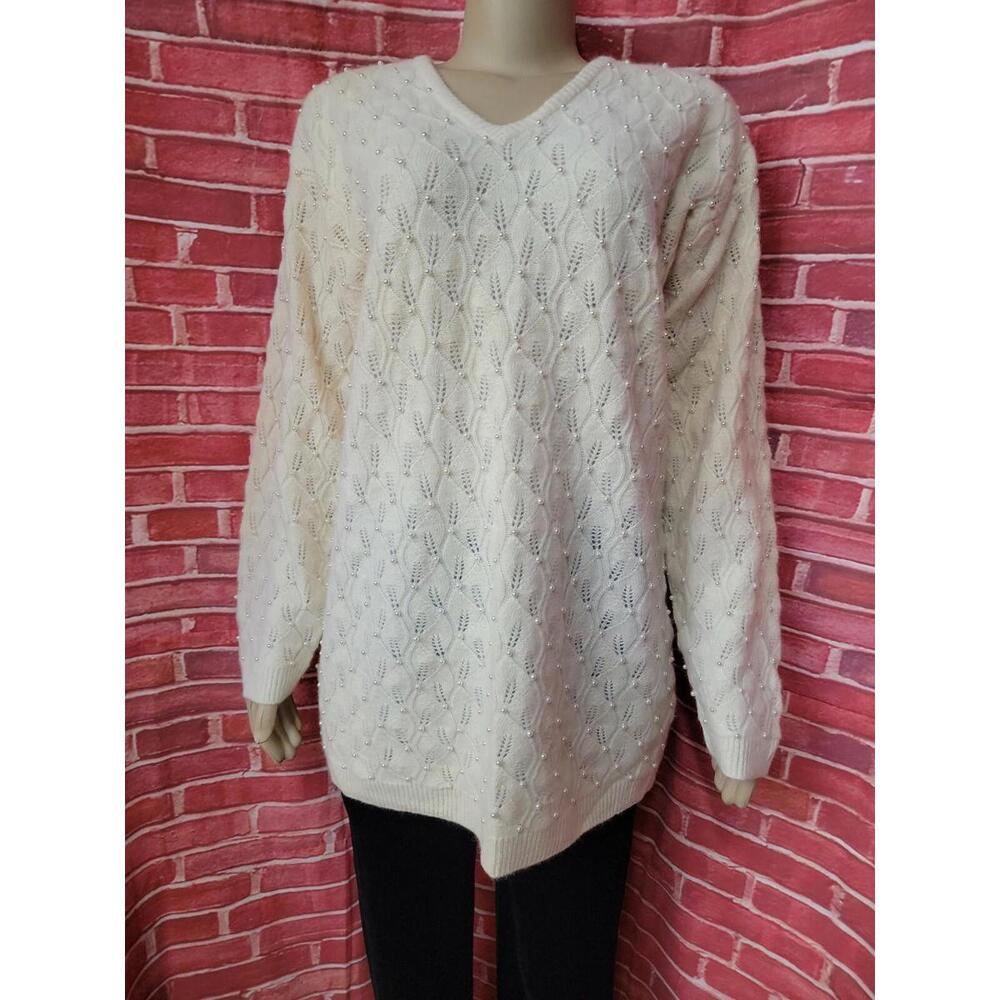 Classiques Vintage Chic ARTSY Womens Lambswool Blend Cream Beaded Sweater L #B